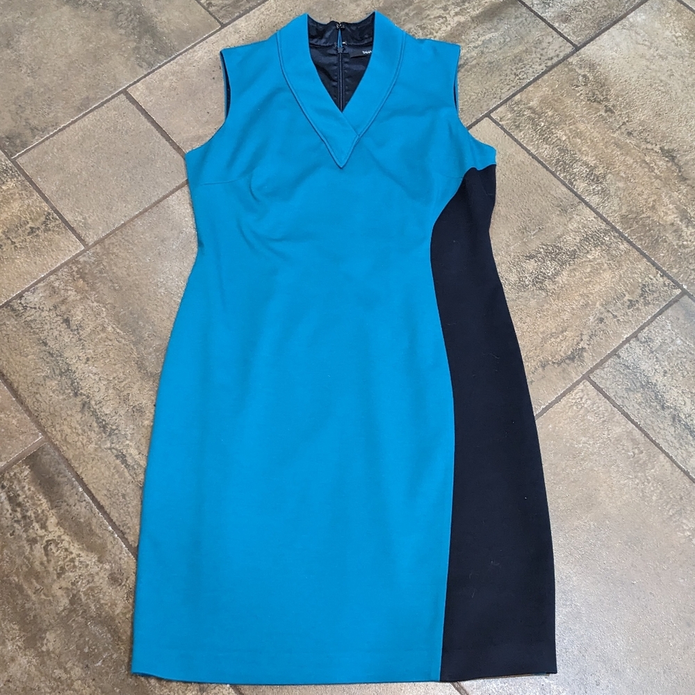 Tahari Makiko Sleeveless Work Evening Dress Size 14 Teal & Black